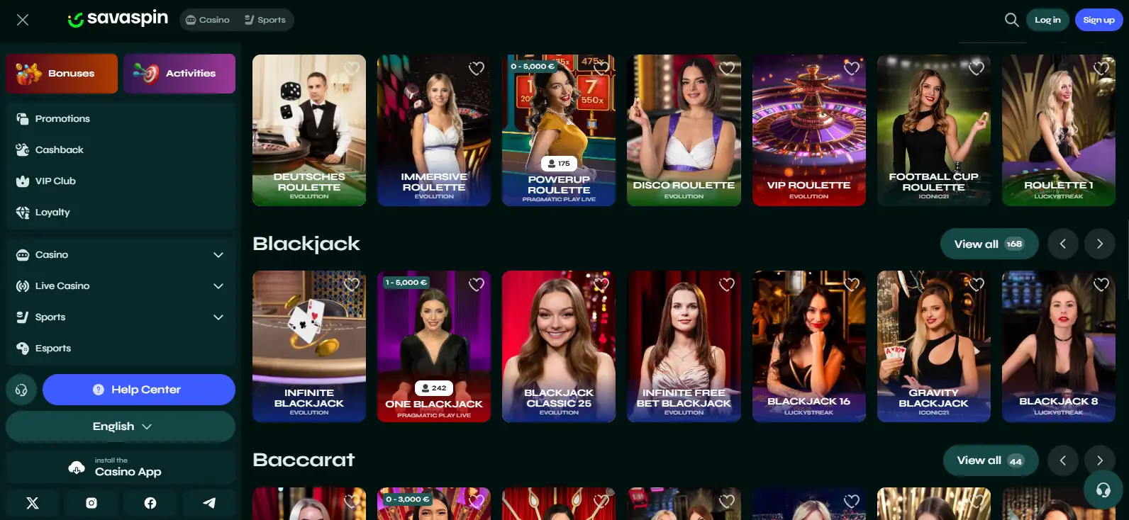 Current Savaspin live casino lobby interface