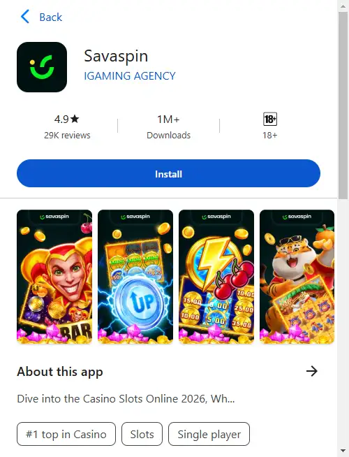 Official Savaspin mobile site or PWA installation view on a smartphone